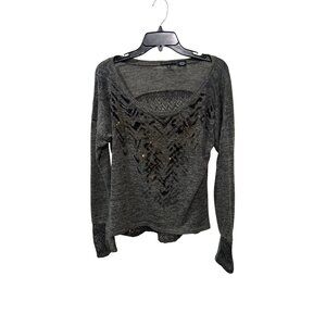 Miss Me Womens Gray Embellished Knit Top With Lace Back & Sleeves Size L